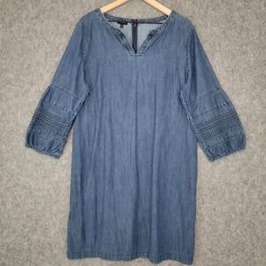 Talbots Dress Womens 18 Denim Smocked Sleeve Boho Casual Pullover Shift